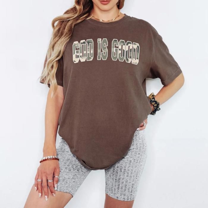 God Is Good Camouflage Comfort Colors Graphic Tee, Christian Faith Shirt for Women, Camo Lettering Religious T-Shirt, Neutral Oversized Faith Apparel