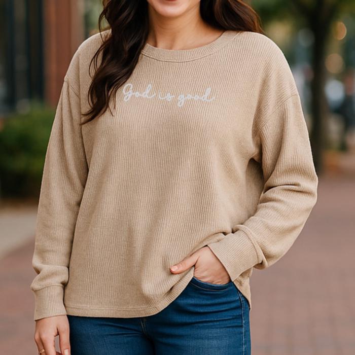 God Is Good Ribbed Sweater for Women, Lightweight Christian Pullover in Ash Mocha, Dusty Blue, or Ash Jade – Faith-Based Fall Outfit, Modest and Stylish Bible Verse Top