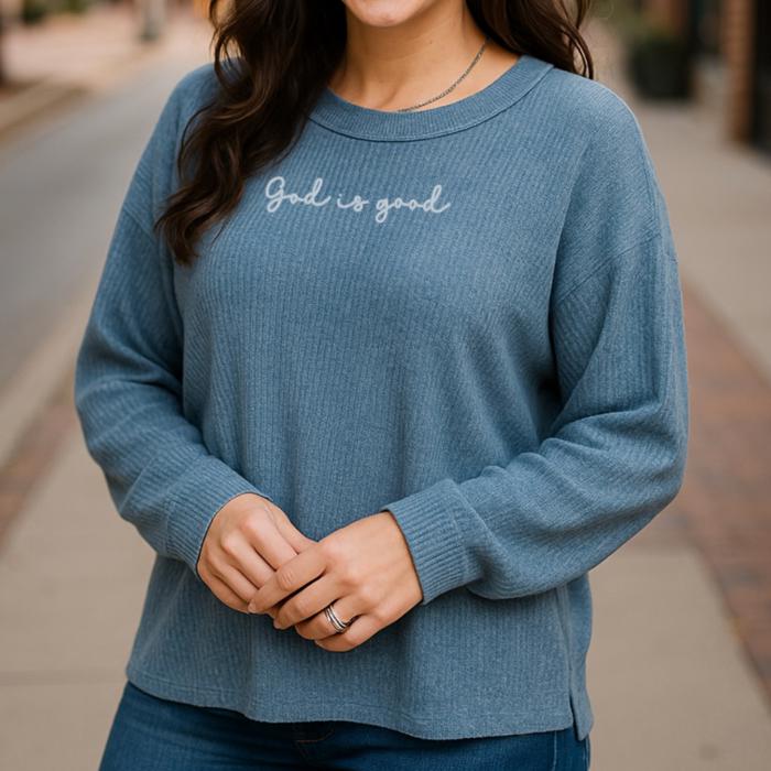 God Is Good Ribbed Sweater for Women, Lightweight Christian Pullover in Ash Mocha, Dusty Blue, or Ash Jade – Faith-Based Fall Outfit, Modest and Stylish Bible Verse Top