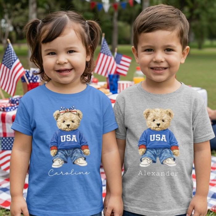 Personalized Kids USA Bear Shirt, Custom Name Toddler Tee, Boy or Girl Bear Patriotic Shirt, Fourth of July Kids Outfit, Cute USA Graphic Tee