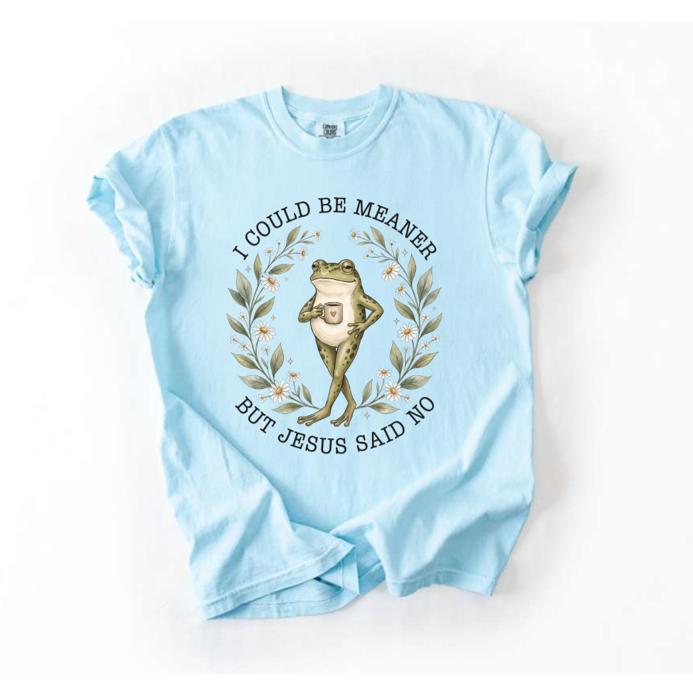 I Could be Meaner but Jesus said No Comfort Colors Tee, Funny Faith Based Frog Tee, Whimsical Christian Graphic, Cottagecore Animal Shirt, Cute Scripture Inspired Top, Christian Women’s Gift  
