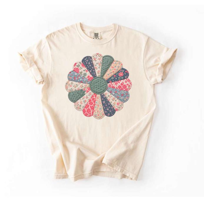 Faux Patchwork Floral Bloom Graphic Comfort Colors Tee, Vintage Inspired Flower Shirt, Quilted Look Floral Top, Cottagecore Casual Tee, Garden Outfit