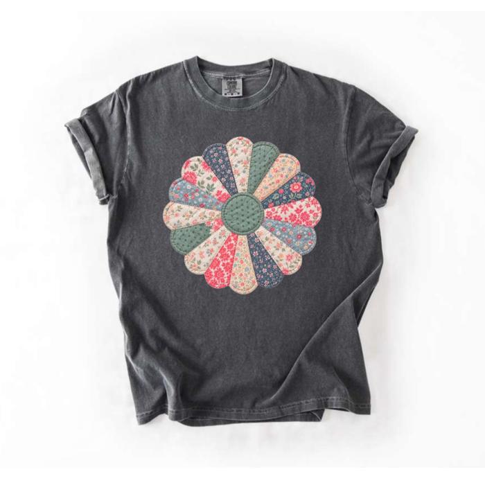 Faux Patchwork Floral Bloom Graphic Comfort Colors Tee, Vintage Inspired Flower Shirt, Quilted Look Floral Top, Cottagecore Casual Tee, Garden Outfit