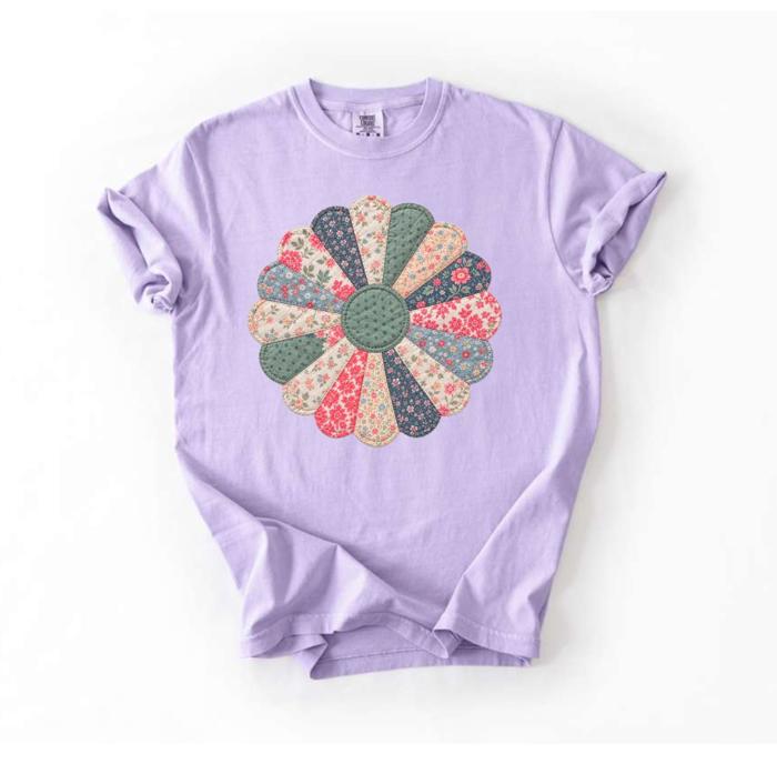 Faux Patchwork Floral Bloom Graphic Comfort Colors Tee, Vintage Inspired Flower Shirt, Quilted Look Floral Top, Cottagecore Casual Tee, Garden Outfit