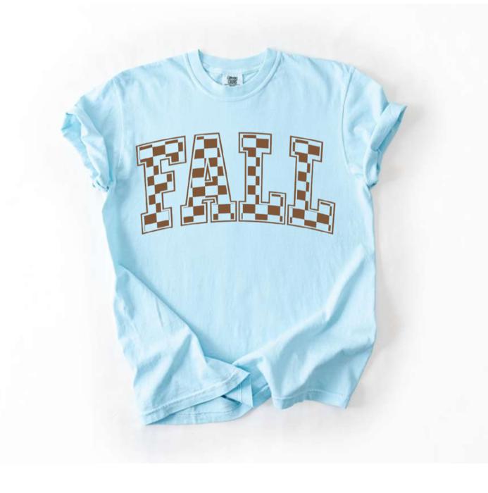 Fall Checkered Block Letter Comfort Colors Tee, Autumn Checkerboard Statement Shirt, Vintage Fall Inspired Top, Neutral Seasonal Graphic Tee, Cozy Casual Outfit, Trendy Everyday Shirt, Cute Autumn Gif