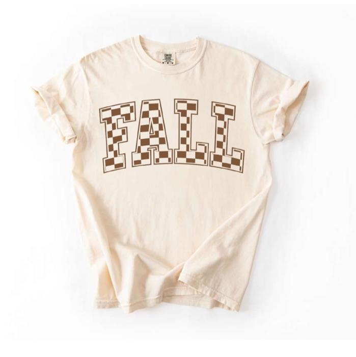 Fall Checkered Block Letter Comfort Colors Tee, Autumn Checkerboard Statement Shirt, Vintage Fall Inspired Top, Neutral Seasonal Graphic Tee, Cozy Casual Outfit, Trendy Everyday Shirt, Cute Autumn Gif