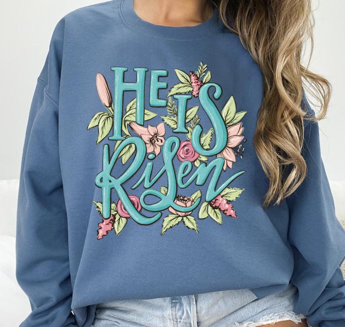 He Is Risen Floral Christian Sweatshirt, Easter Faith Sweatshirt, Gildan Oversized Sweatshirt for Women, Religious Gift