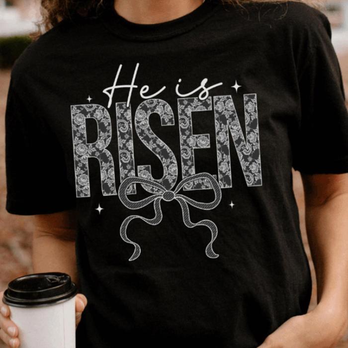 He Is Risen Floral Lace and Bow Comfort Colors Tee, Christian Easter Shirt, Religious Spring Graphic Tee, Church Sunday Top