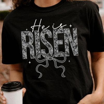 He Is Risen Floral Lace and Bow Comfort Colors Tee, Christian Easter Shirt, Religious Spring Graphic Tee, Church Sunday Top