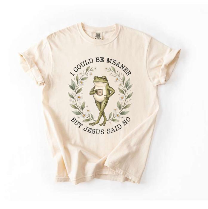 I Could be Meaner but Jesus said No Comfort Colors Tee, Funny Faith Based Frog Tee, Whimsical Christian Graphic, Cottagecore Animal Shirt, Cute Scripture Inspired Top, Christian Women’s Gift  