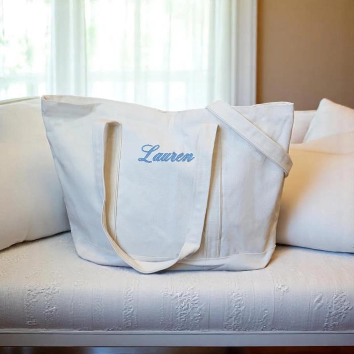 Classic Embroidered Monogram Tote Bag Personalized Canvas Tote, Bridesmaid Gift, Custom Sailboat Tote Teacher Bag, Bachelorette Party Beach Bag