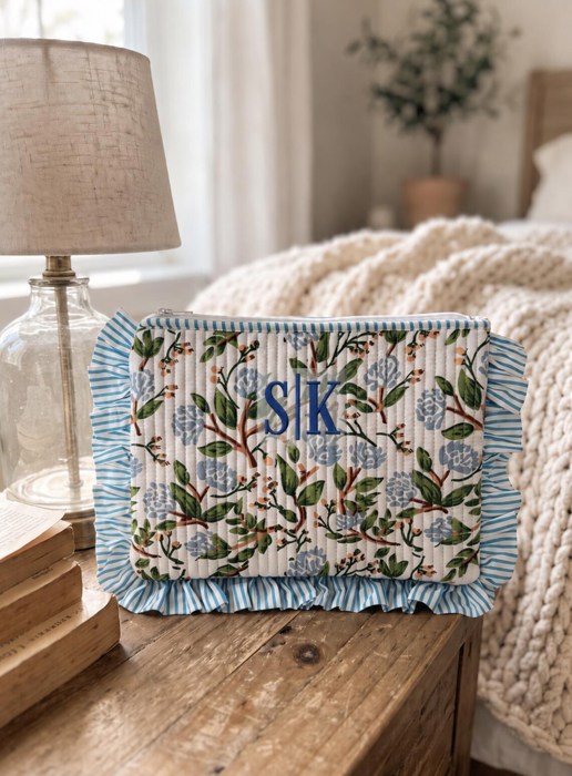 Personalized Floral Quilted Ruffle Pouch, Custom Embroidered Makeup Bag, Patchwork Cosmetic Case, Zipper Travel Pouch, Monogram Gift for Her, Floral Toiletry Bag