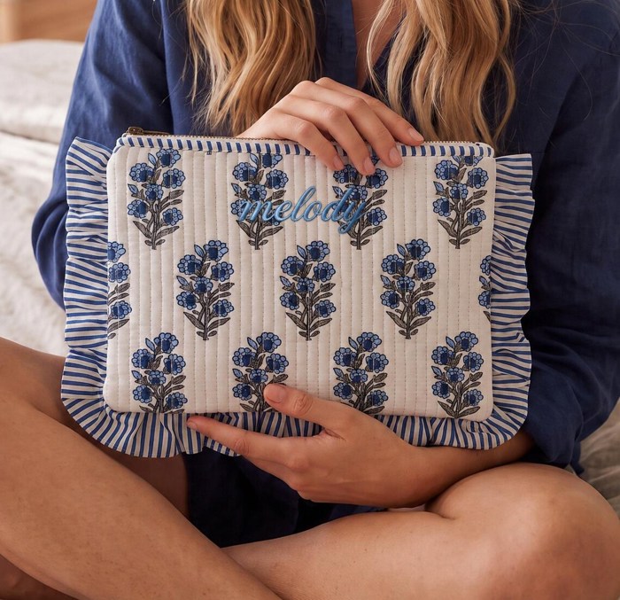 Personalized Floral Quilted Ruffle Pouch, Custom Embroidered Makeup Bag, Patchwork Cosmetic Case, Zipper Travel Pouch, Monogram Gift for Her, Floral Toiletry Bag