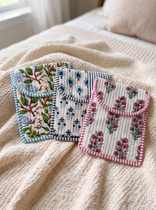 Floral Patchwork Quilted Kindle Sleeve, Padded iPad Mini Case, Cotton Storage Pouch, Magnetic Closure E Reader Cover, Travel Organizer, Small Tech Accessory Bag