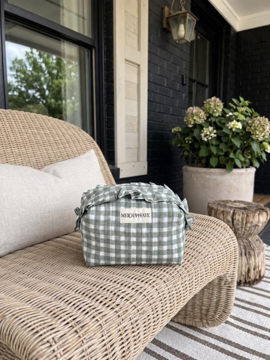 Floral Quilted Makeup Pouch with Ruffle Trim, Cotton Gingham Cosmetic Bag, Zipper Travel Organizer, Toiletry Case, Small Catch All Pouch, Gift for Her