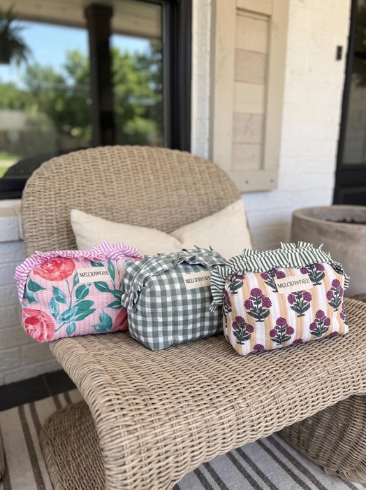 Floral Quilted Makeup Pouch with Ruffle Trim, Cotton Gingham Cosmetic Bag, Zipper Travel Organizer, Toiletry Case, Small Catch All Pouch, Gift for Her