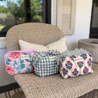 Floral Quilted Makeup Pouch with Ruffle Trim, Cotton Gingham Cosmetic Bag, Zipper Travel Organizer, Toiletry Case, Small Catch All Pouch, Gift for Her