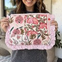  Personalized Floral Quilted Ruffle Pouch, Custom Embroidered Makeup Bag, Patchwork Cosmetic Case, Zipper Travel Pouch, Monogram Gift for Her, Floral Toiletry Bag