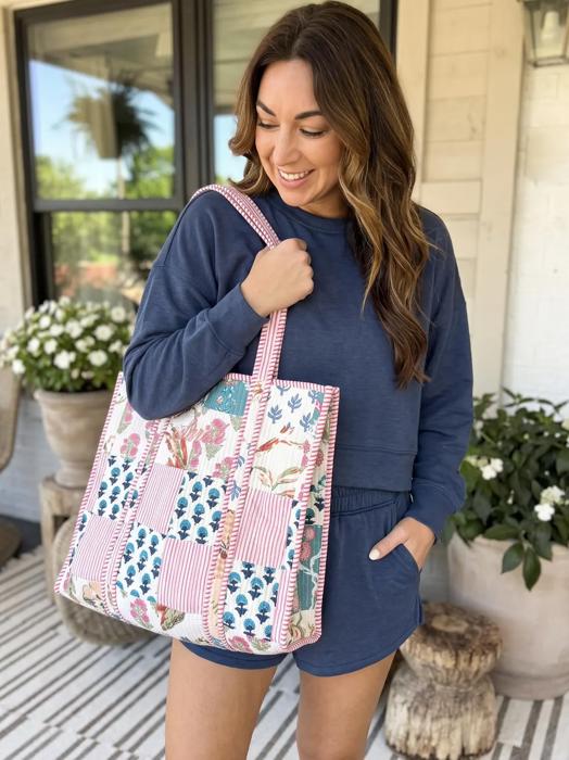 Floral Quilted Tote Bag, Embroidered Cotton Shoulder Bag, Handmade Garden Print Carryall, Large Travel Tote, Coastal Cottage Weekender