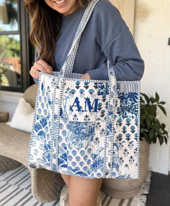 Floral Quilted Tote Bag, Embroidered Cotton Shoulder Bag, Handmade Garden Print Carryall, Large Travel Tote, Coastal Cottage Weekender