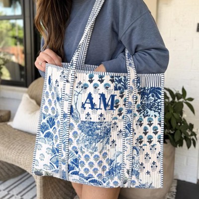 Floral Quilted Tote Bag, Embroidered Cotton Shoulder Bag, Handmade Garden Print Carryall, Large Travel Tote, Coastal Cottage Weekender