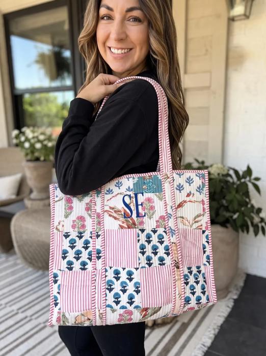 Floral Quilted Tote Bag, Embroidered Cotton Shoulder Bag, Handmade Garden Print Carryall, Large Travel Tote, Coastal Cottage Weekender