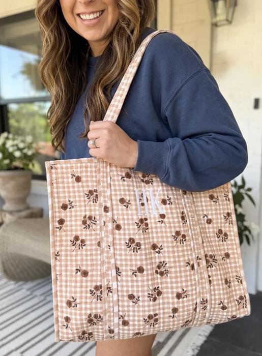 Floral Quilted Tote Bag, Embroidered Cotton Shoulder Bag, Handmade Garden Print Carryall, Large Travel Tote, Coastal Cottage Weekender