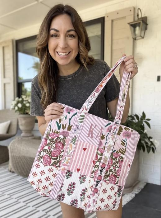 Floral Quilted Tote Bag, Embroidered Cotton Shoulder Bag, Handmade Garden Print Carryall, Large Travel Tote, Coastal Cottage Weekender
