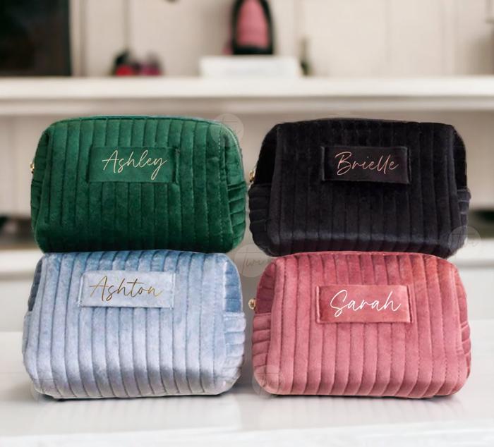 Personalized Velvet Makeup Bag, Custom Cosmetic Pouch, Travel Toiletry Bag for Women, Birthday Gift for Her, Elegant Gift Idea