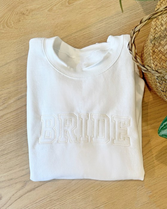 Embroidered Bride Sweatshirt Crewneck, Personalized with Name and Wedding Date on Sleeve Sweater, Bridal Shower Gifts, Engagement Gift
