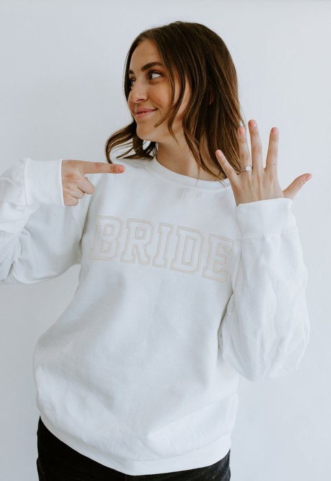 Embroidered Bride Sweatshirt Crewneck, Personalized with Name and Wedding Date on Sleeve Sweater, Bridal Shower Gifts, Engagement Gift