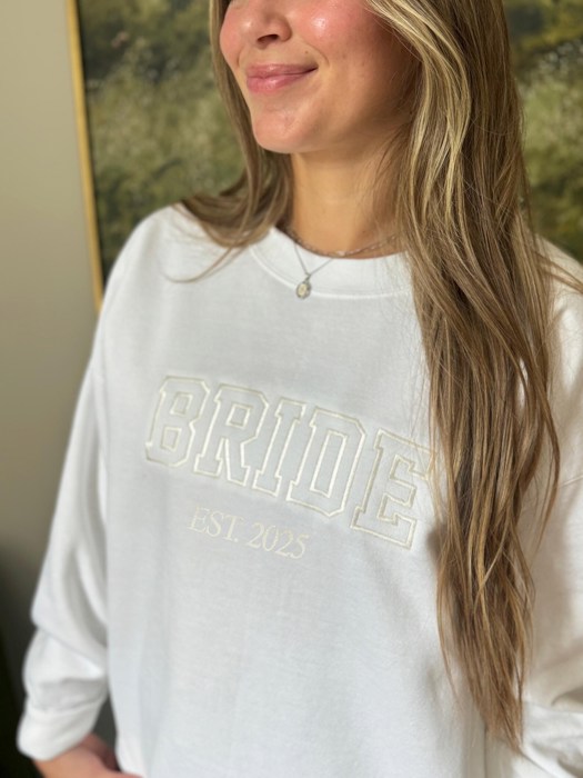 Embroidered Bride Sweatshirt Crewneck, Personalized with Name and Wedding Date on Sleeve Sweater, Bridal Shower Gifts, Engagement Gift
