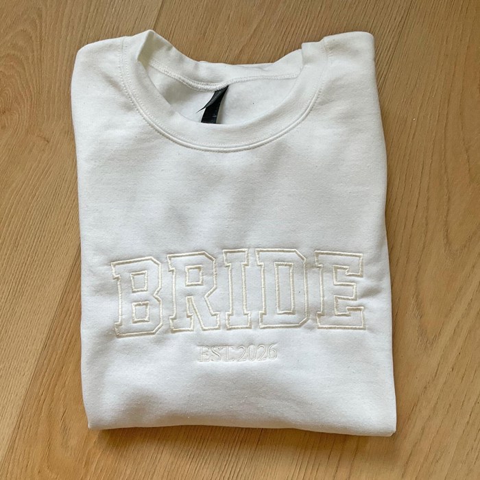 Embroidered Bride Sweatshirt Crewneck, Personalized with Name and Wedding Date on Sleeve Sweater, Bridal Shower Gifts, Engagement Gift