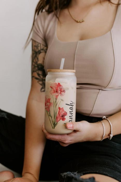 Personalized Colorful Birth Flower Coffee Cup With Name, Personalized Birth Flower Glass Tumbler, Bridesmaid Proposal, Gifts for Her Be My Bridesmaid