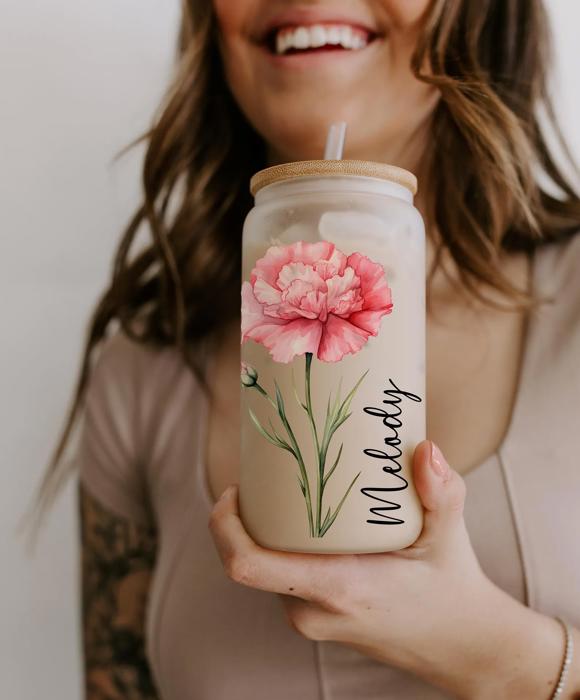 Personalized Colorful Birth Flower Coffee Cup With Name, Personalized Birth Flower Glass Tumbler, Bridesmaid Proposal, Gifts for Her Be My Bridesmaid