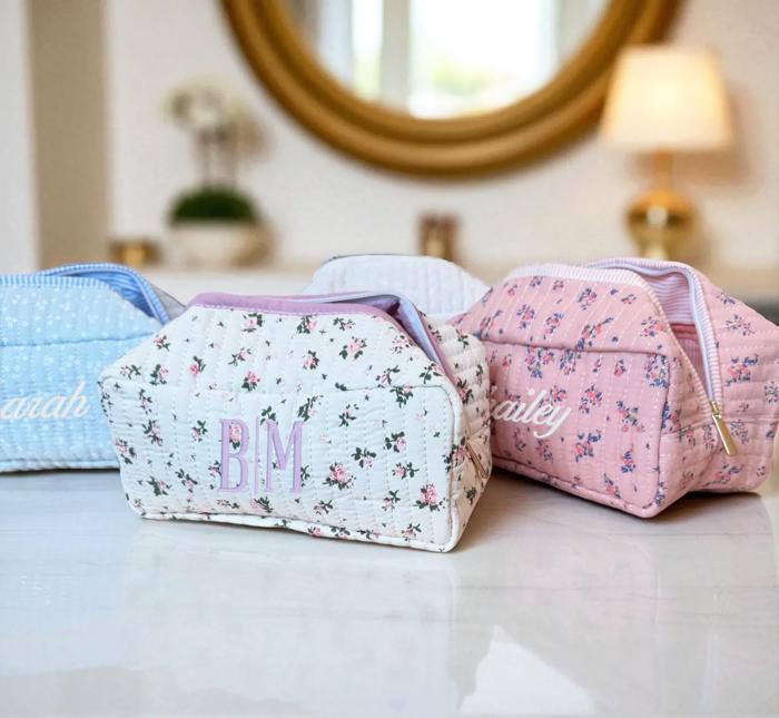 Personalized Block Pattern Floral Makeup Bag, Embroidered Cosmetic Pouch, Quilted Toiletry Bag, Custom Travel Case, Gift for Her