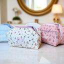 Personalized Block Pattern Floral Makeup Bag, Embroidered Cosmetic Pouch, Quilted Toiletry Bag, Custom Travel Case, Gift for Her