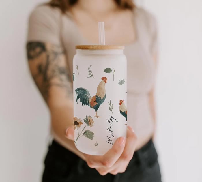 Personalized Iced Coffee Cup with Straw, Summer Tumbler with Bunnies Bees Chickens Lemons, Garden Floral Cup