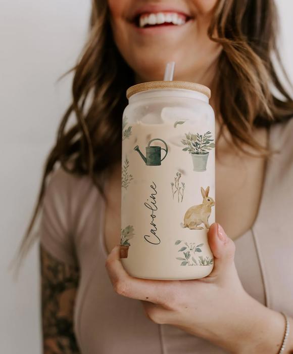 Personalized Iced Coffee Cup with Straw, Summer Tumbler with Bunnies Bees Chickens Lemons, Garden Floral Cup