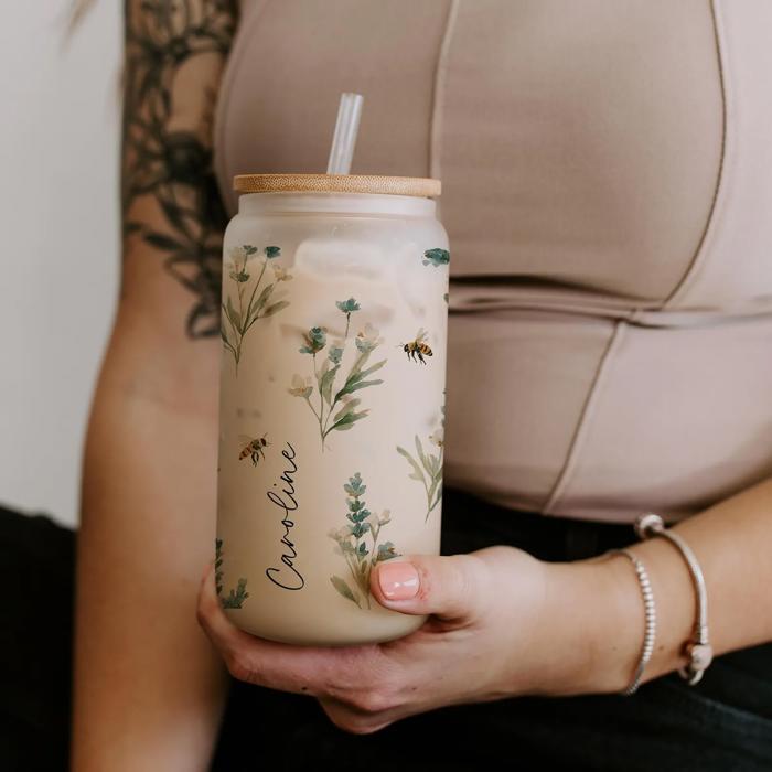 Personalized Iced Coffee Cup with Straw, Summer Tumbler with Bunnies Bees Chickens Lemons, Garden Floral Cup