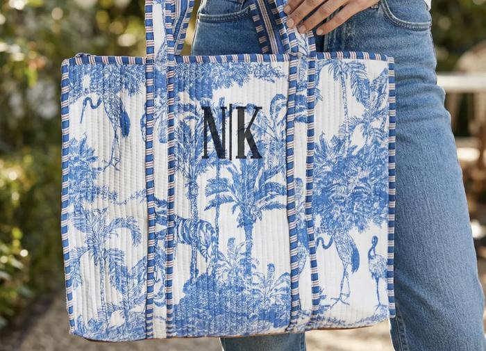Embroidered Cotton Quilted Bag, Floral Print Tote Bag for Women, Coastal Garden Travel Bag, Handmade Shoulder Purse, Large Floral Weekender