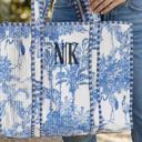Personalized Large Blue Tropic Embroidered Cotton Quilted Bag, Floral Print Tote Bag for Women, Coastal Garden Travel Bag, Handmade Shoulder Purse, Large Floral Weekender