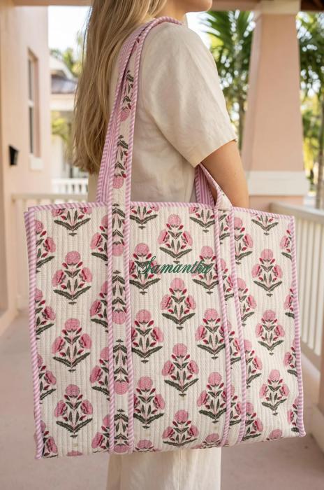 Embroidered Cotton Quilted Bag, Floral Print Tote Bag for Women, Coastal Garden Travel Bag, Handmade Shoulder Purse, Large Floral Weekender