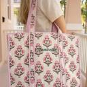 Personalized Large White Pink Embroidered Cotton Quilted Bag, Floral Print Tote Bag for Women, Coastal Garden Travel Bag, Handmade Shoulder Purse, Large Floral Weekender