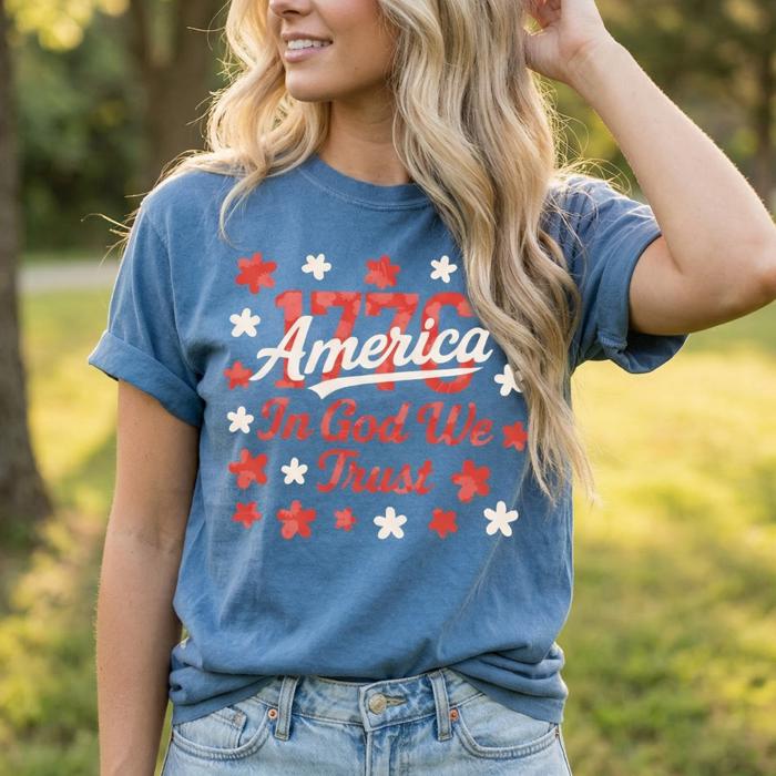 1776 in God we trust Graphic Tee, Fourth of July Outfit, Christian American Shirt, USA Pride Gift, Independence Day Tee, Casual Patriotic Wear, Religious gift for her