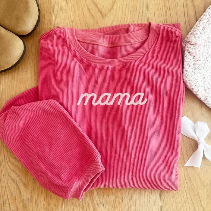 Embroidered Mama Corded Sweatshirt Crewneck Oversized, Mom to Be Gift, Sleeve Text, Personalized Gifts, Trendy Crewnecks for Women Mom Gifts