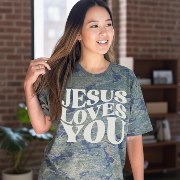 Jesus Loves You Camo T-Shirt for Women, Christian Graphic Tee, Faith Based Shirt, Religious Inspirational Tee, Bible Verse Shirt, Spiritual Gift
