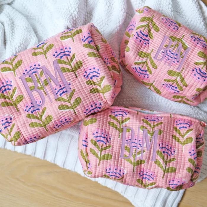 Personalized Block Pattern Floral Makeup Bag, Custom Gift, Embroidered Quilted Toiletry Pouch, Travel Cosmetic Case Gift
