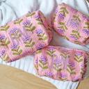 Personalized Block Pattern Floral Makeup Bag, Custom Gift, Embroidered Quilted Toiletry Pouch, Travel Cosmetic Case Gift