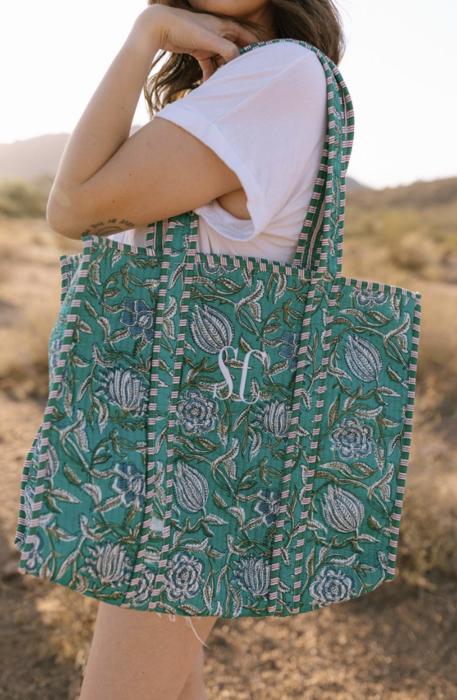 Embroidered Cotton Quilted Bag, Block Print Tote Bag for Women, Boho Travel Bag, Handmade Shoulder Purse, Large Floral Weekender, Bridesmaid